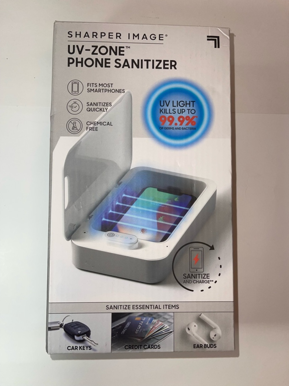 Sharper Image White UV-Zone Phone Sanitizer with Blue UV Indicator